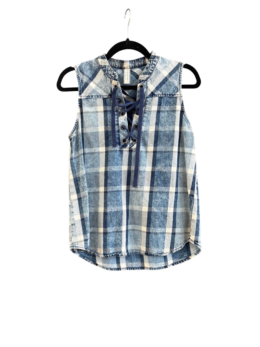 Vintage 90s Blue Plaid Lace-Up Women's Top